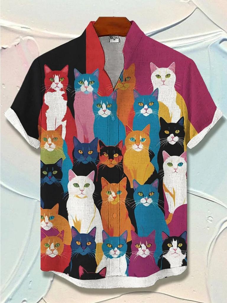 Summer Men's Retro Cartoon Anime Cat Theme Print Short Sleeve Shirts Short Sleeve Tops Fashion Casual Vacation Streetwear Men's Shirts