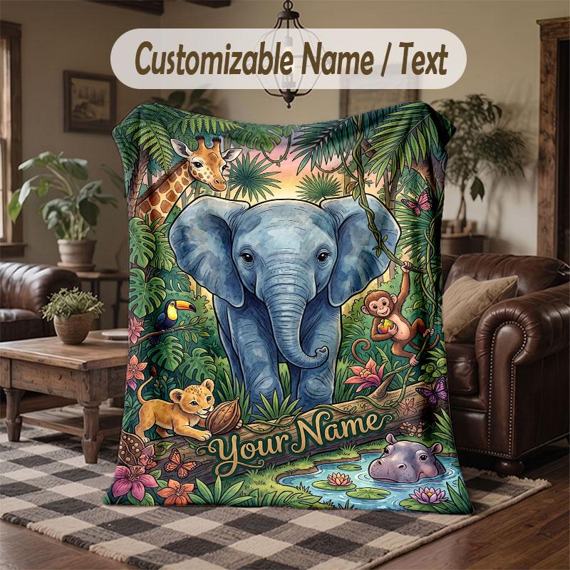 Wildlife Animals Theme Throw Blanket Custom Name Text Personalized Blanket Soft Cozy Blanket for Home Sofa Bed