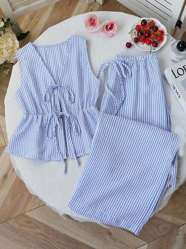 Summer Striped Casual Set: Color Block Vest & Solid Long Pants