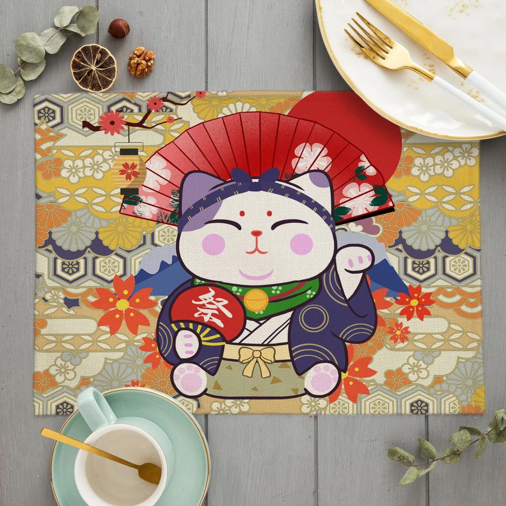Unique Original Design Cute Plutus cat Placemat Japan Style Eat Udon noodles Table Mat Desktop Pad Cartoon cat Cup Coaster