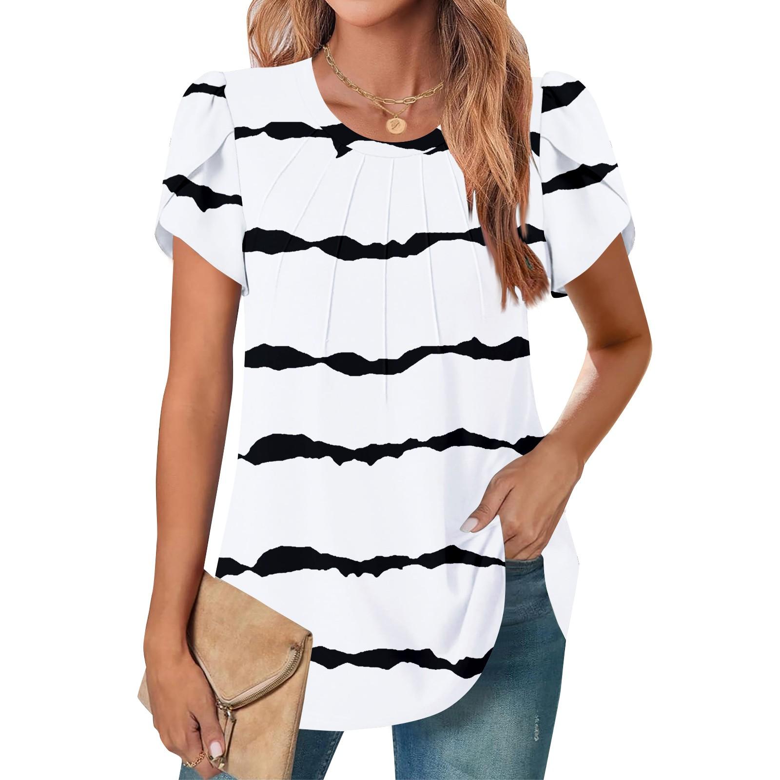 

Women s Casual Round Neck Short Sleeve Chest Pleated Flared Sleeve Floral Top XXL білий