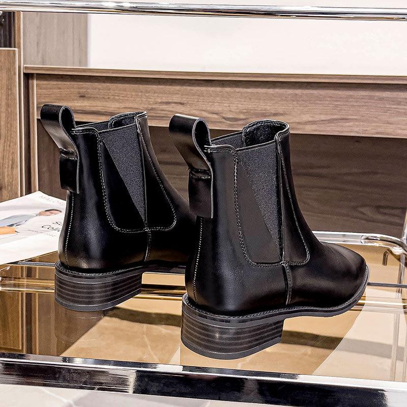 Französische Stiefeletten Damen Herbst und Winter Martin Boots 2024 neu bequem niedriger Absatz mittelhohe Stiefel eckige Spitze elastische braune Stiefel