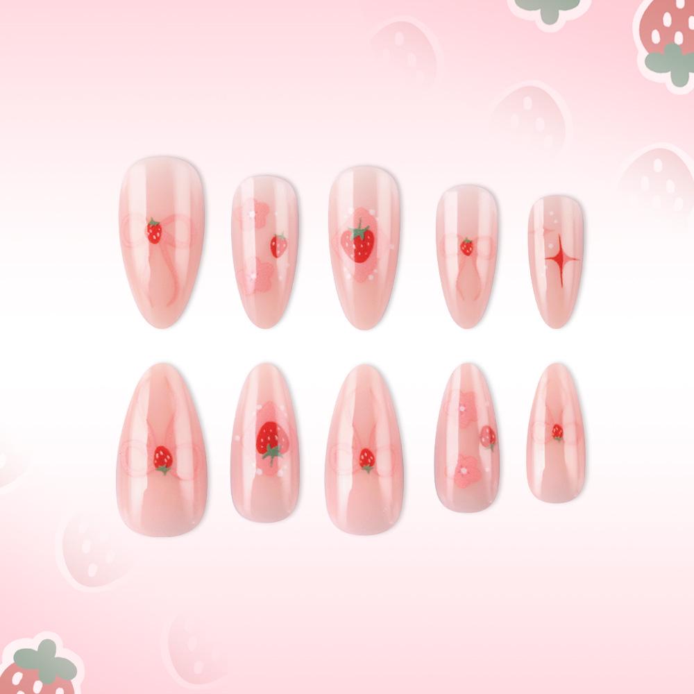 Punte Unghie Fiori Fragola Rosa Lucido Mandorla con Fiocco - 24 Pezzi Staccabili