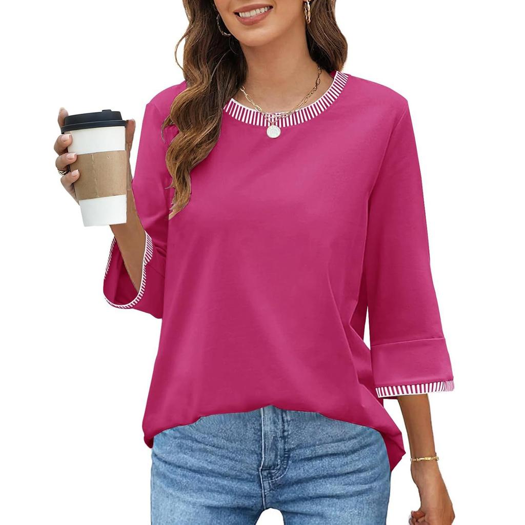 Women's Fashion Loose Round Neck Clashing Colour T-Shirt Seven Sleeve Top