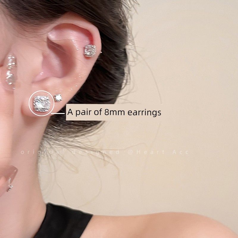 Accessible Luxury Flashing Square Stud Earrings for Women Niche Style Refined Zircon