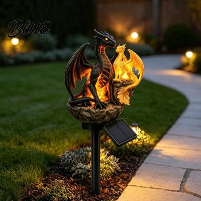Waterproof Patio Landscape Lighting Dragon Solar Garden Light Outdoor Gothic Medieval Statue Lamp Weather Resistant Resin Decor Sculpture