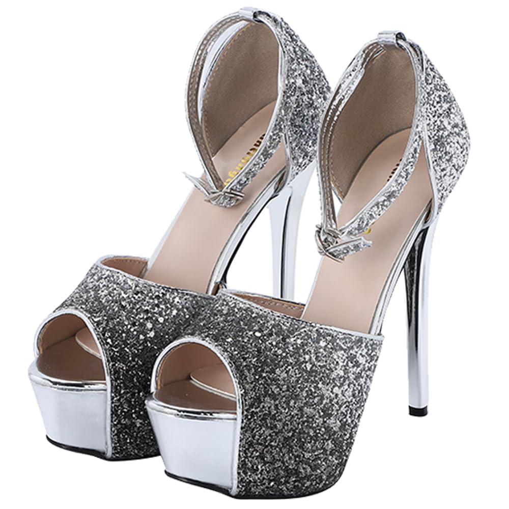 KISSOS Женские блестящие туфли-лодочки на каблуке-стилете с ремешком на щиколотке и открытым носком Черный Размер 240см 38 6600₽