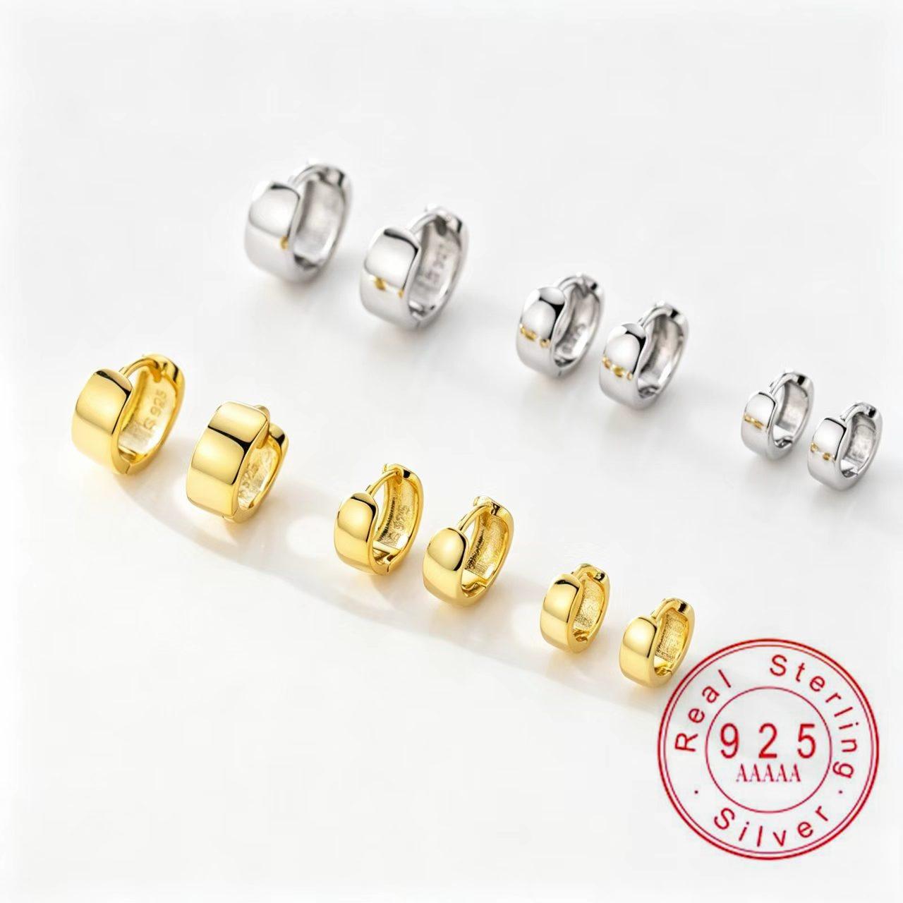 

925 Sterling Silver Smooth Wide Huggie Hoop Earrings, Minimalist Plain Ear Buckles for Women 7mm золотой