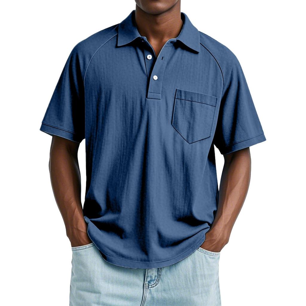 Men's Summer Solid Color Button Pocket Lapel Loose Raglan Short Sleeve Top