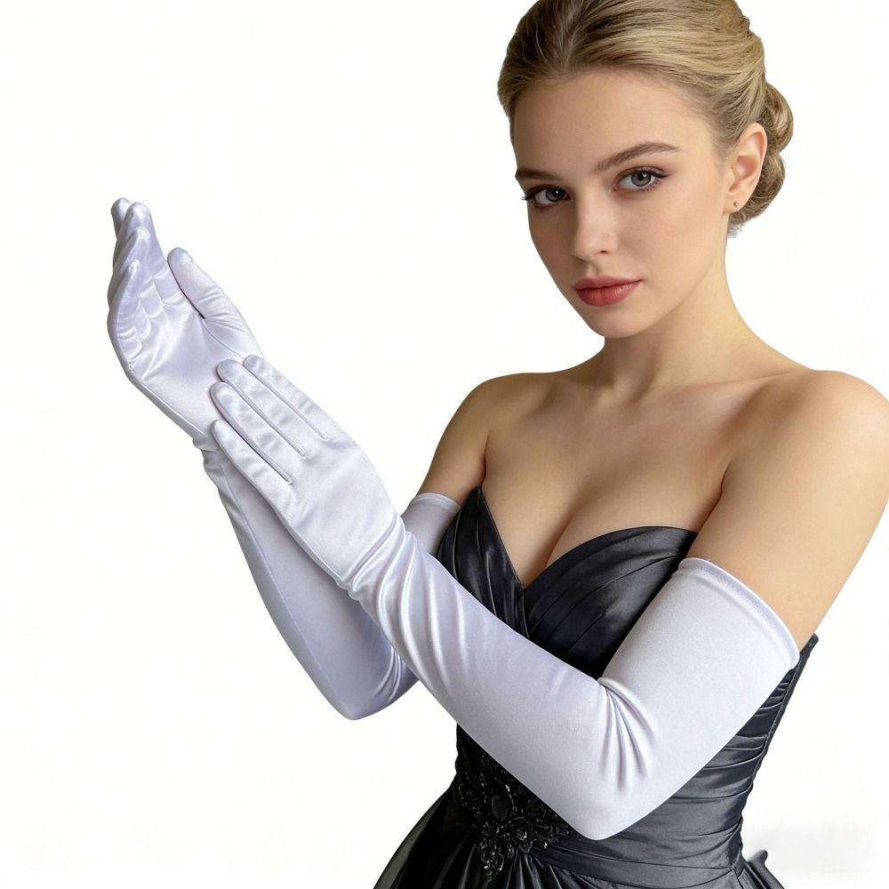 Solid Color Satin Gloves Full Finger Etiquette Mittens Elastic Long Gloves  Cosplay Accessory