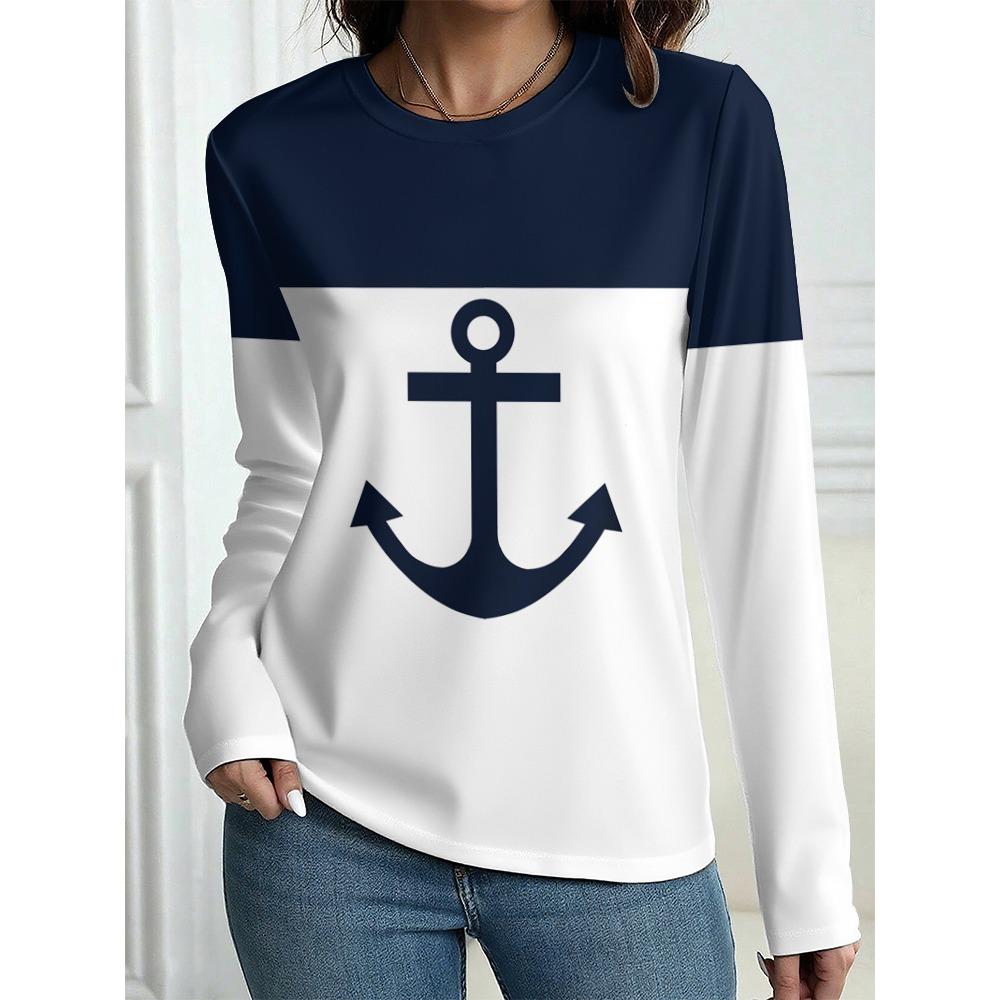 Damen T-Shirt Outdoor Freizeit Langarm Gestreift Anker Muster 3D Druck Oberteile Straße Rundhals Herbst Übergroß Kleidung