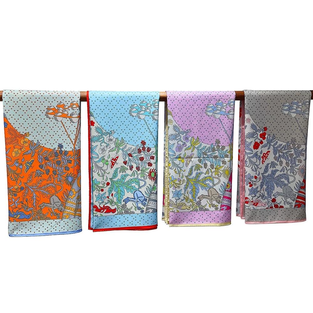 90cm Manual Hand Rolled Twill Silk Scarf Women High-End Window View Print Square Scarves Wraps Silk Foulards Head Hijab