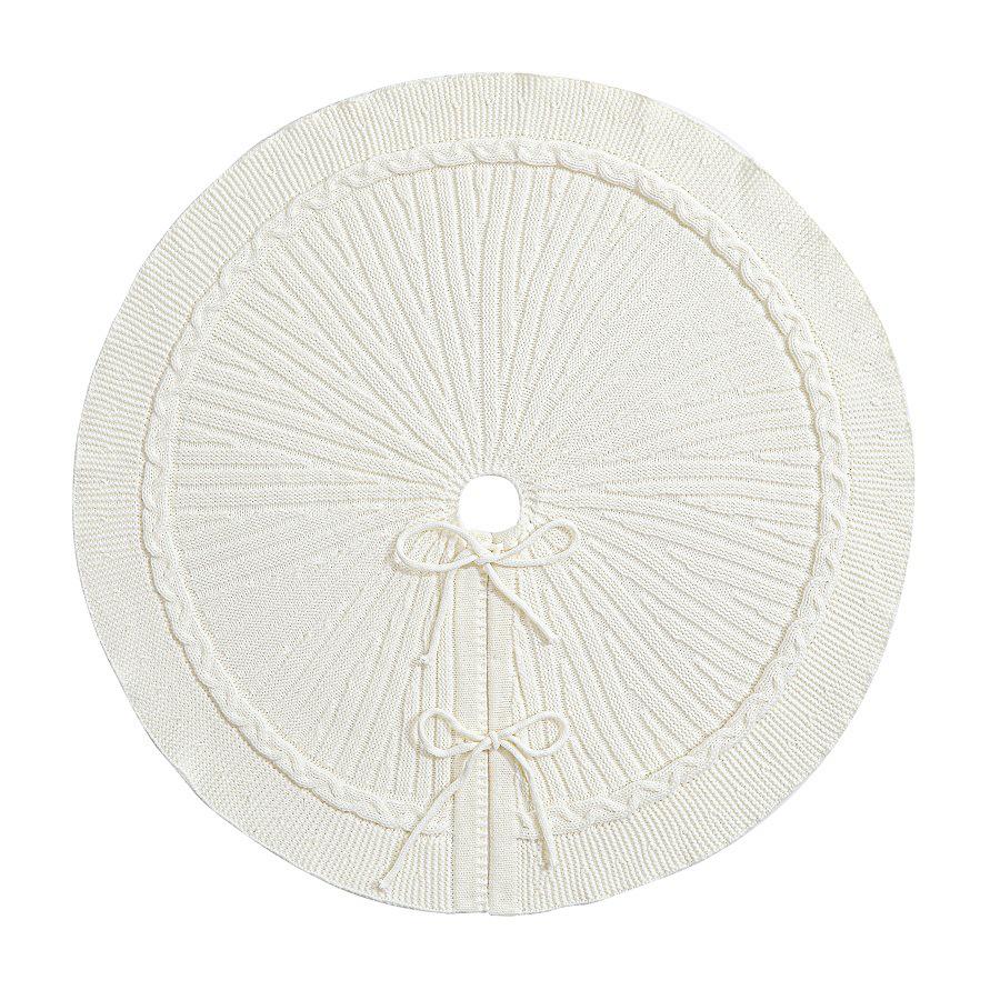 White Striped Knit Christmas Tree Skirt with Wave Edge - Festive Tree Base Decoration