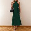 Women's Fashionable Sexy Solid Color Hanging Neck Backless Vacation Sleeveless Pleated Dress