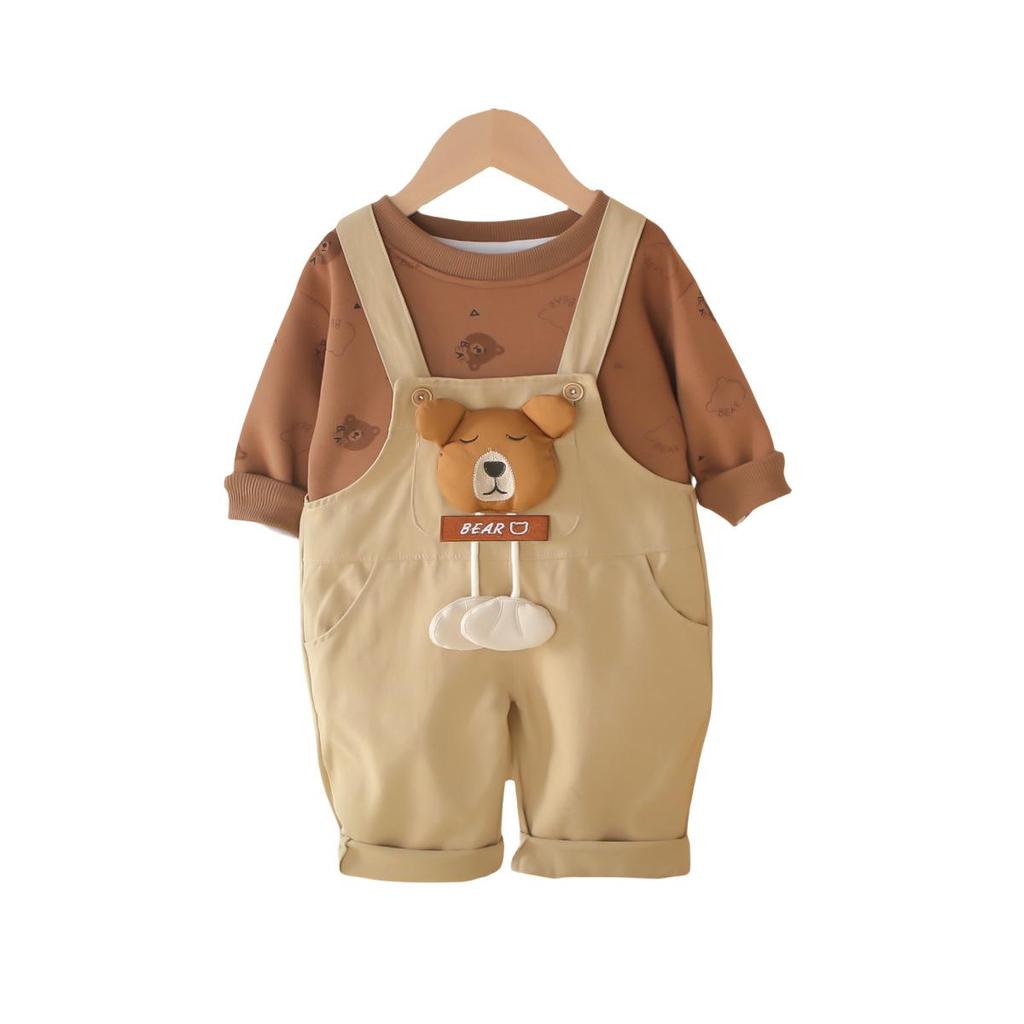 Spring Boys' Cartoon Overalls Set: Long-Sleeved, Two-Piece Infant & Toddler Outfit