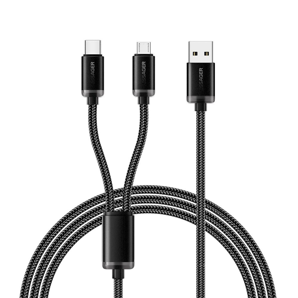 ESSAGER ES-X60 1.2m USB to Type-C + Micro 2-in-1 Charging Cord Braided Data Cable A