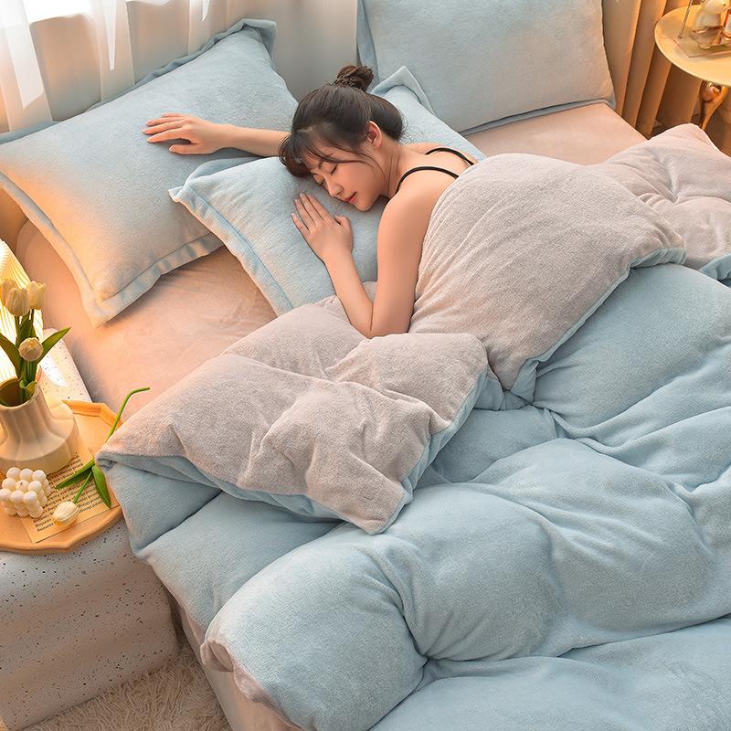 Class A Maternal Infant Grade Milk Fleece 4-Pcs Set, Warm Thickened Coral Fleece Fleece Bed Sheet, Bed Hat, Quilt Cover 3-Pcs Set