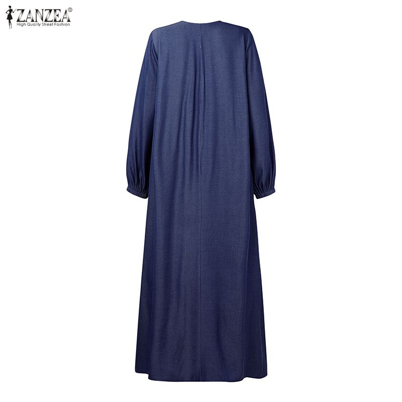 ZANZEA Vestido largo suelto informal de manga larga con cuello redondo para mujer