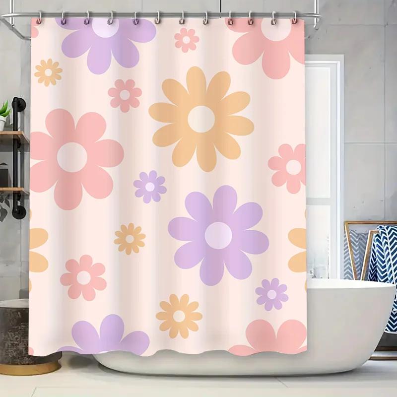 

Pink floral shower curtain set waterproof bathroom decor home accessories 2 panels bath mat hooks modern pink flower design W90xH180cm