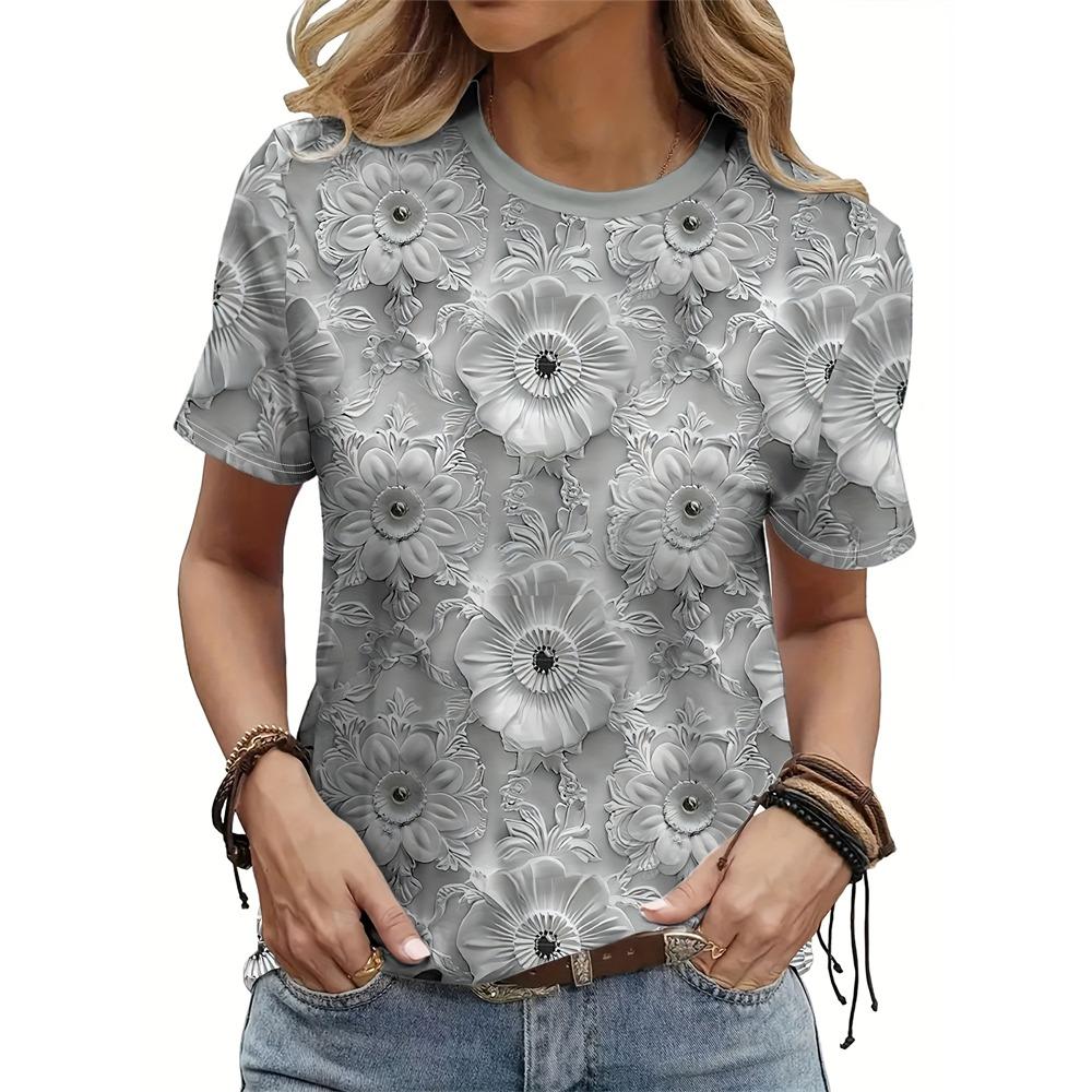 Summer Women's T Shirt Vintage Patchwork Pattern Tee Short Sleeve Women's Casual Short Sleeve Tee Round Neck Commuter Clothing