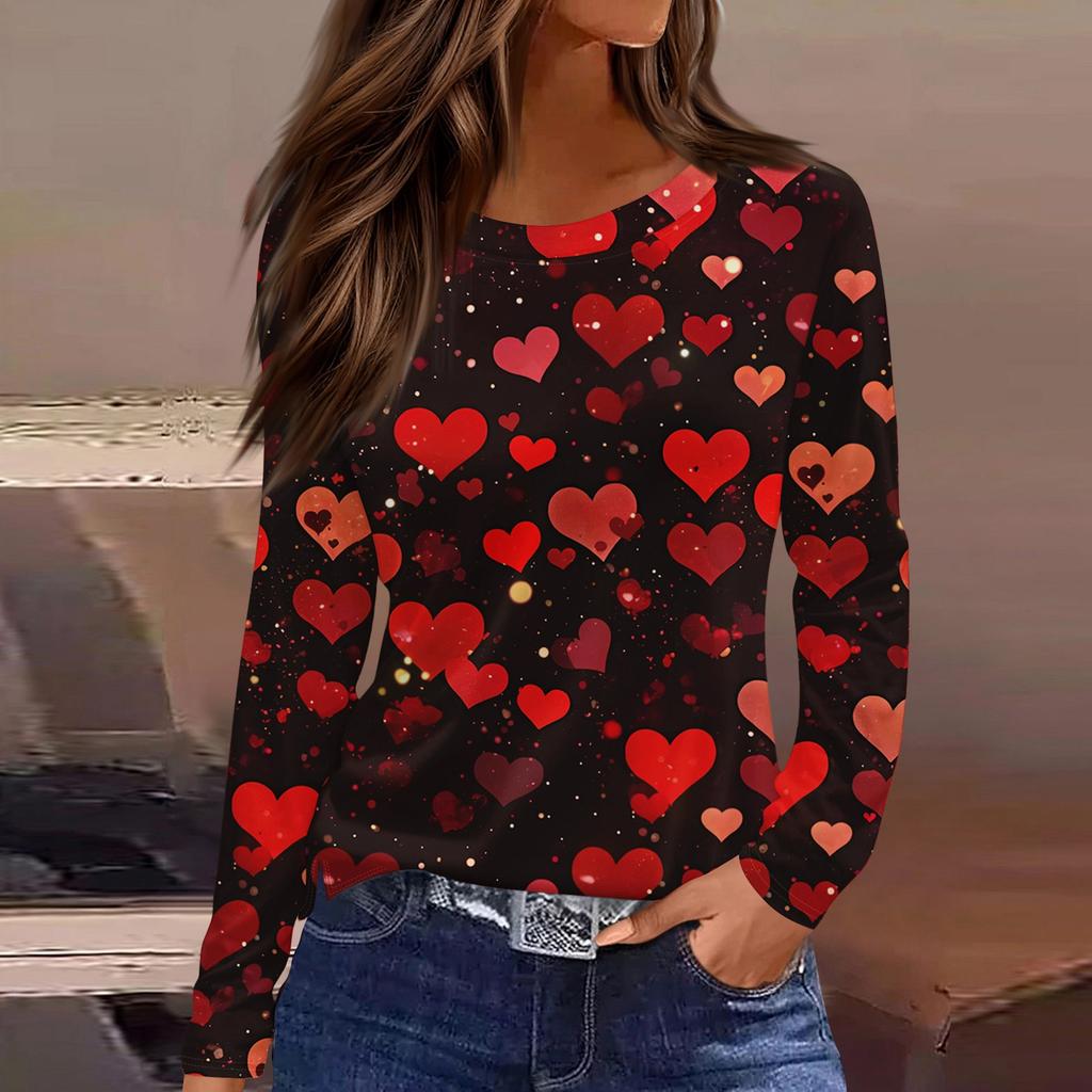 Women's Fashion Casual Slit Hem Round Neck Long Sleeve Loose Printed T-Shirt Ladies Top