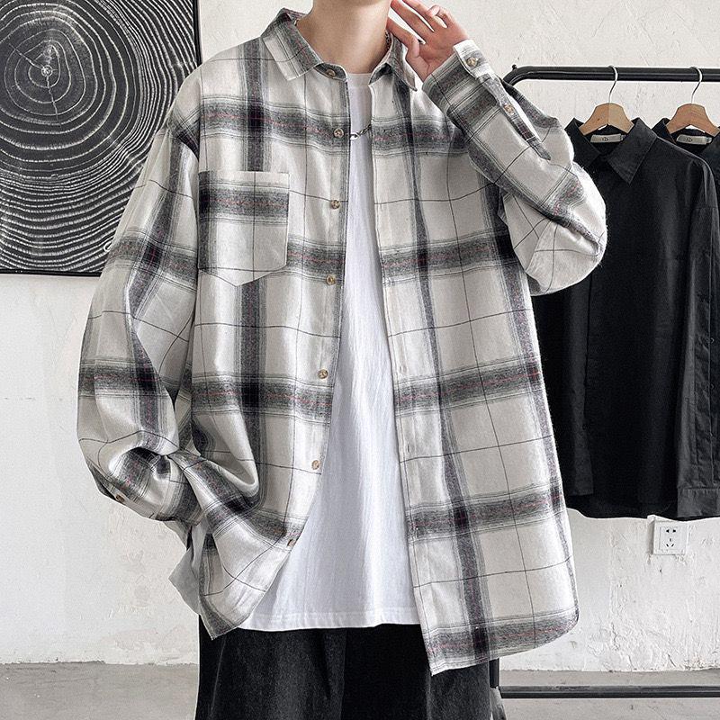 Men's Retro Black & White Plaid Long-Sleeve Shirt - Casual, Loose-Fit for Spring & Autumn