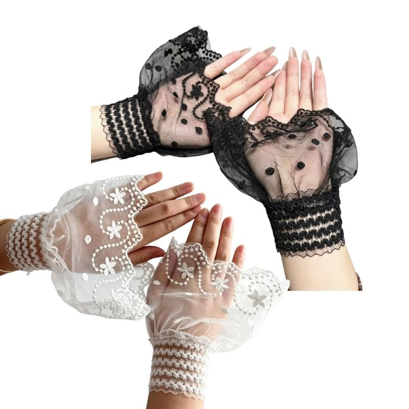 Sheer Embroidered Fingerless Wrist Cuffs Pair for Women, Lace Sleeves with Flared Cuff for Weddings and Photo Styling Use