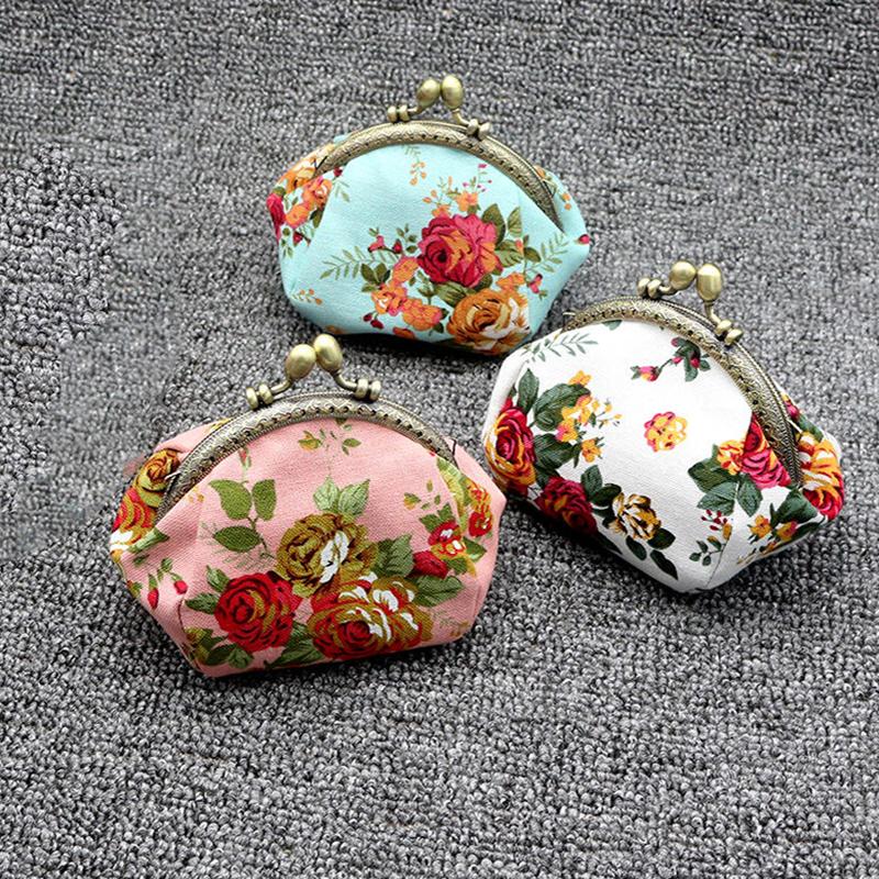 Women's vintage rose print canvas coin purse, kiss lock clip fabric purse card bag storage bag