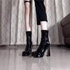 Sweet Cool Spice Style Black Patent Leather Side Zipper Boots Skinny Square Head Button Sexy High Heel Boots