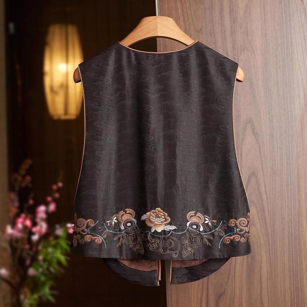 Women's Jackets Women's Vest Fashion Silk Vest Jacket Ladies Spring V-neck Chinese National Style Embroidered Jacket