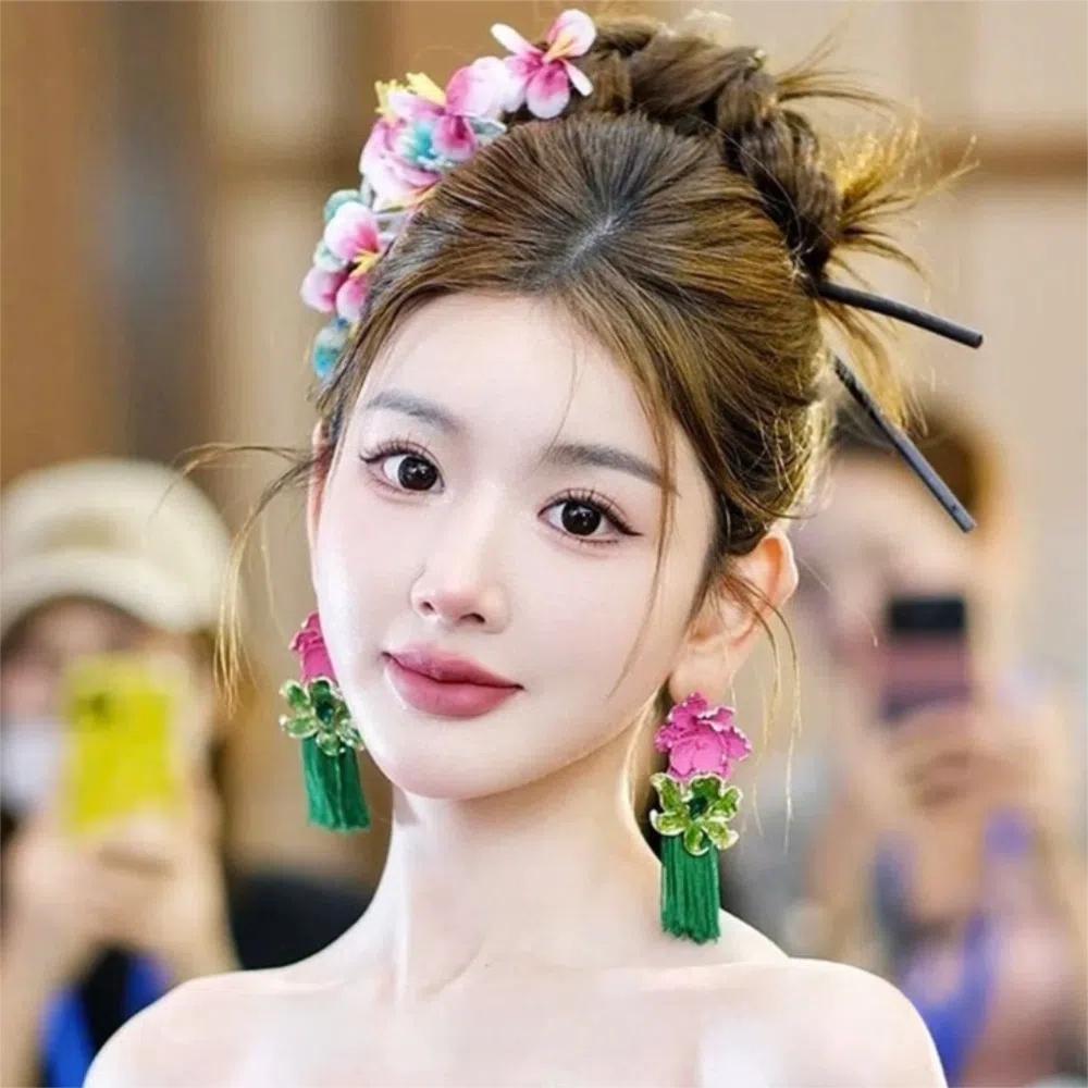 Tassel Flower Drop Earrings Rhinestone Sweet  Earrings Trendy Bohemian Earrings Women  Gift