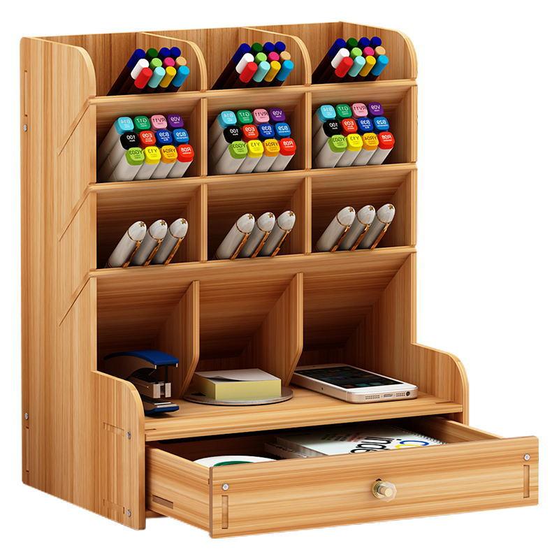 Wooden Pen Holder Storage Box, Large Capacity Nordic Creative and Fashionable Multi Grid Pen Holder, Office Desktop Storage Rack (White,B12)