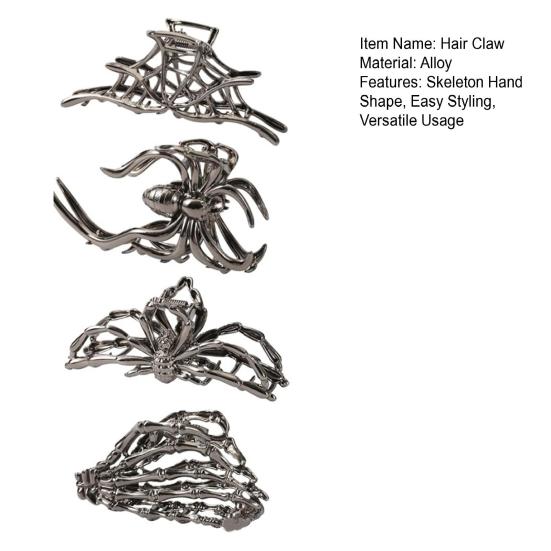 4Pcs Halloween Hair Claws Black Spider Web Skeleton Hand Bat Shape