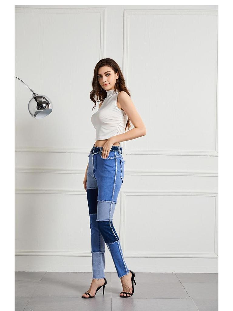 2025 Women's High Waist Slim Jeans with Elasticity, European & American Style, Plus Size, Frayed Hem, Patchwork