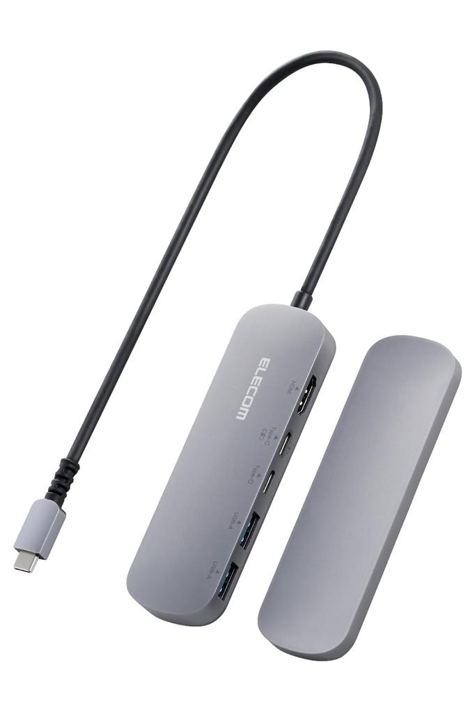 ELECOM USB Hub Docking with Fixed PD 2 USB Gen 1 1 HDMI 2 Type-C Station, 5-in-1, Stand, Compatible, 100W, 3.1 Ports, Port, USB-C Ports, Silver,