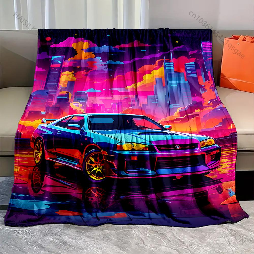 

1PC Retro car neon cityscape Print Adult Children Warm Blankets Home Travel Car Soft Comfortable Suitable for all seasons 75x90cm