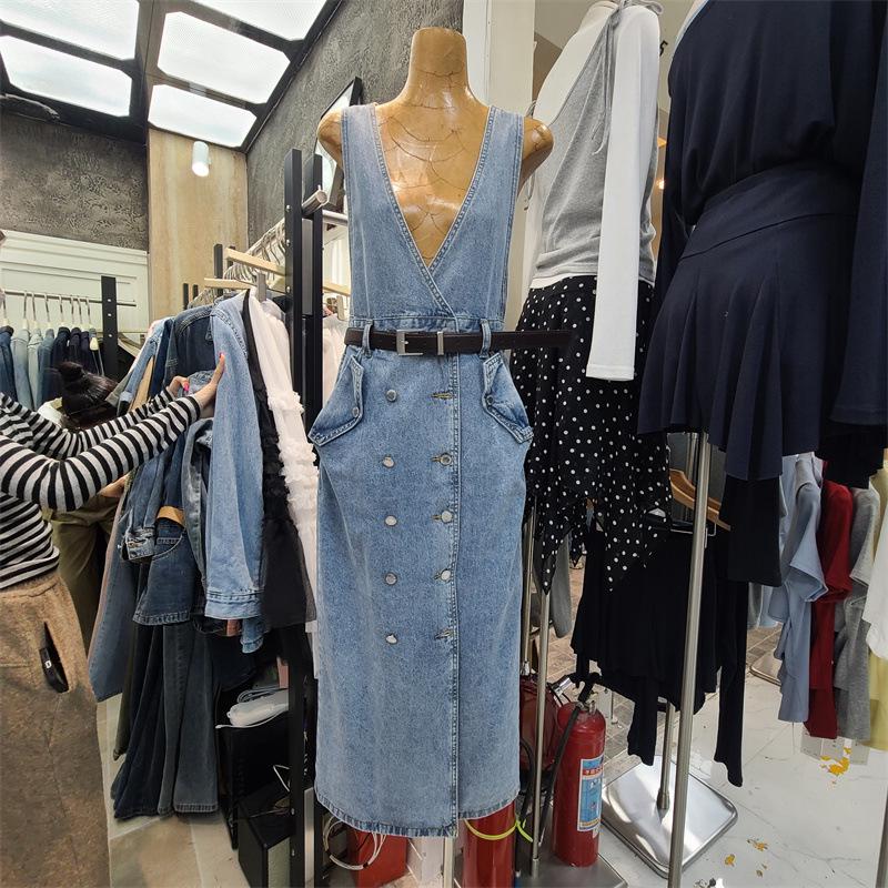 European Style Spring 2026 Lace-up Denim Dress Medium синий