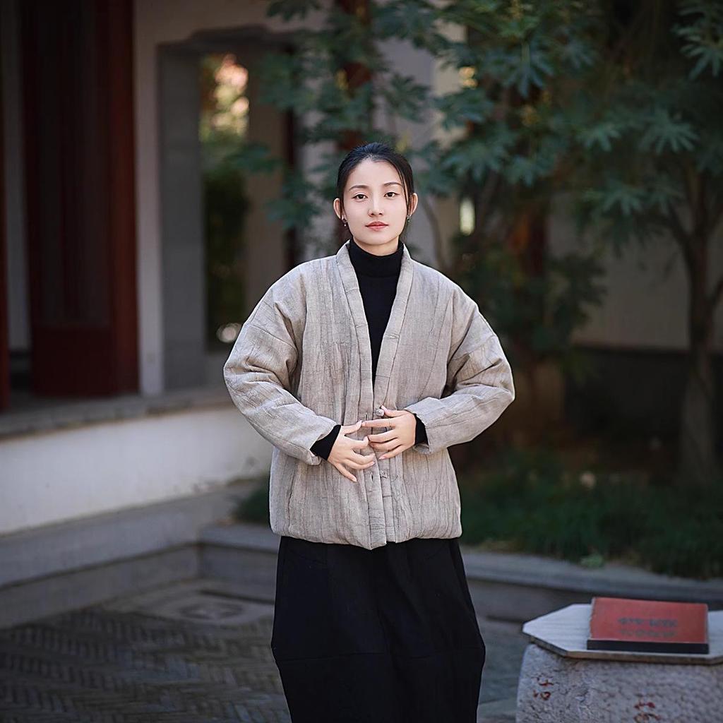 Vintage Chinese Tie-Dye Winter Cotton Coat with Buttons and Ramie Quilting