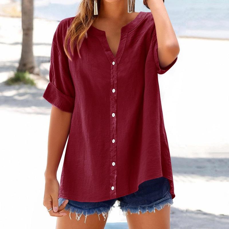 Women Shirt V-neck Short Sleeve Buttons Placket Shirt Tops Solid Color Loose Fit Casual Blouse Daily Wear