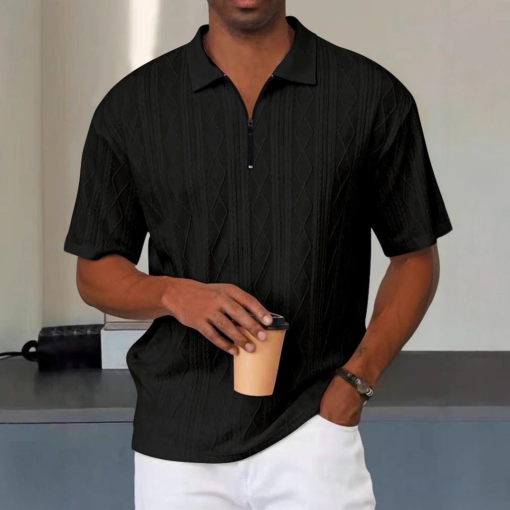 New Men's Zipper Short-sleeved T-shirt, Fashionable Loose Texture Knitted Polo Shirt, Men's T-shirt, Breathable and Casual Short-sleeved