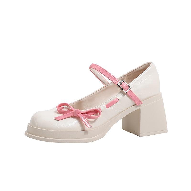 White Sweet Girl Bow High Heel Mary Jane Round Head Waterproof Table Thick Heel Not Tired Feet College Girl Style Single Shoes Women
