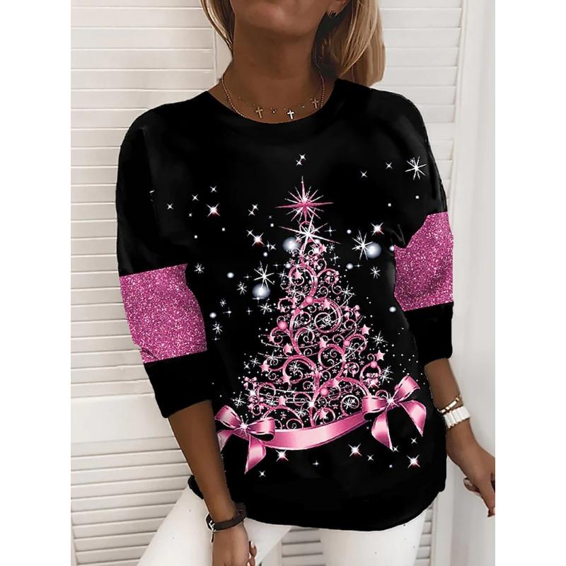 XS-8XL Women's T Shirt Tee Snowflake Sparkly Christmas Tree Christmas Weekend Painting Tee Long Sleeve Print Round Neck Basic