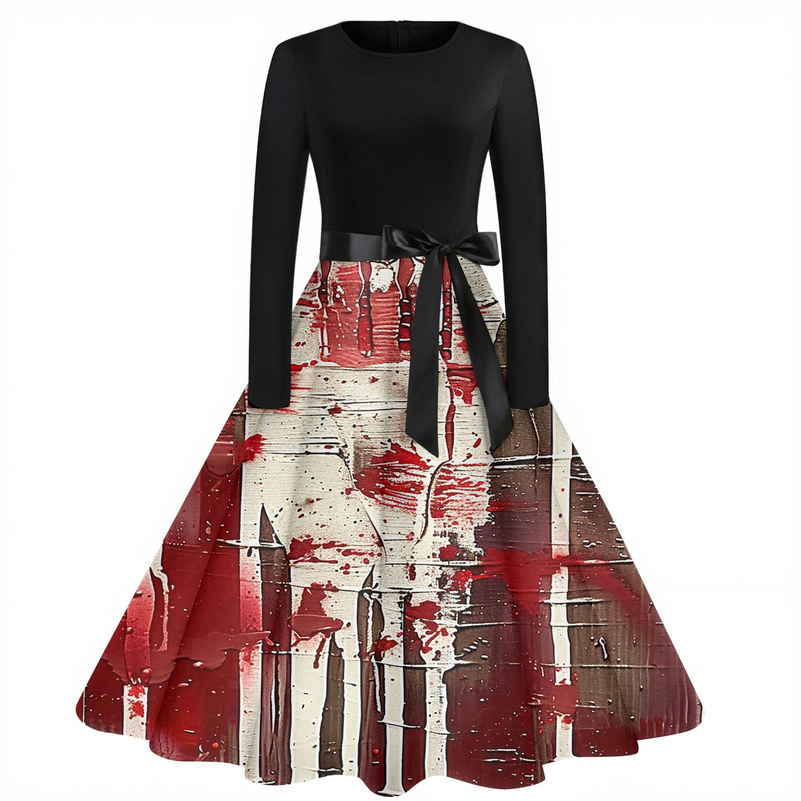 

Жіноча мода Вінтажна сукня з довгим рукавом та круглим вирізом з принтом на Хелловін для вечірки XXL винний