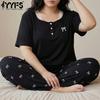 Kadın Moda Bahar Yaz Düz Renk Fiyonk Baskılı Kısa Kollu Kare Yaka Günlük Pijama Takımı