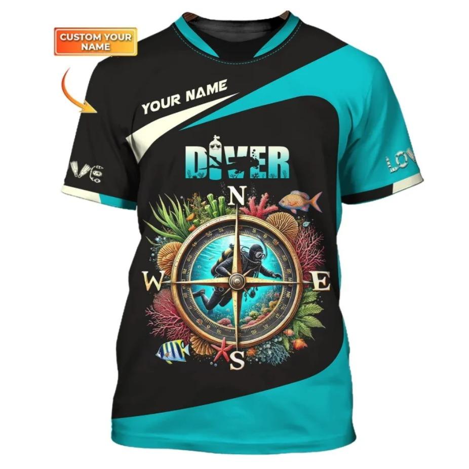 Custom Name 3D Print Diver T Shirts Tops Summer Short Sleeve Casual Scuba Diving Tshirt for Men Clothes Mens Shirts