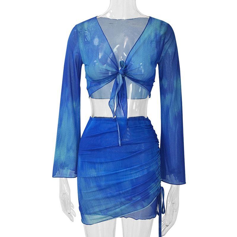 Tie-Dye Printed Gradient Color Short Top Drawstring Mesh