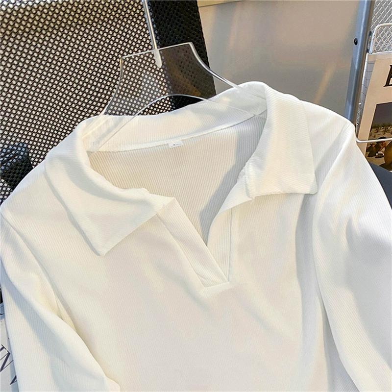 Jaro podzim Dámské triko s polo výstřihem Harajuku pevné slim triko s dlouhým rukávem nepravidelná krátká trička pro dámské crop topy Femme