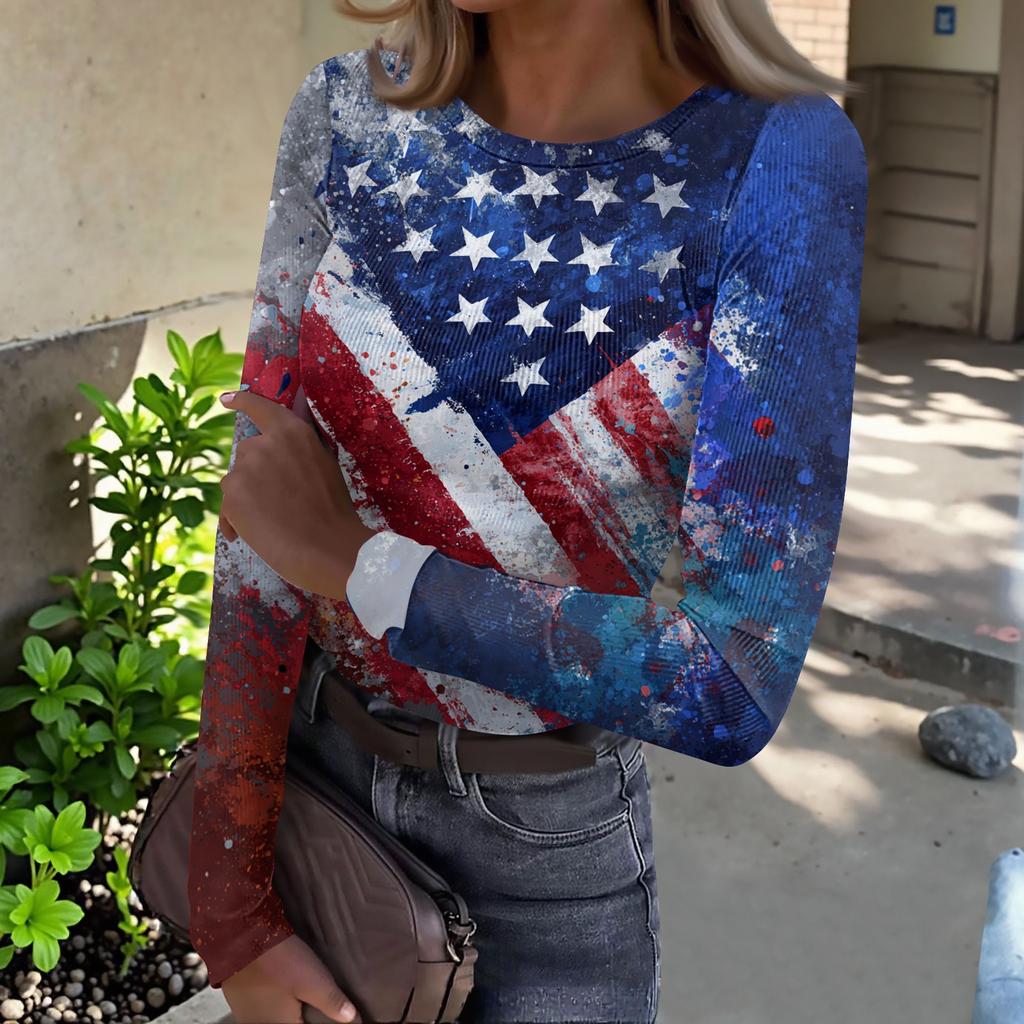 Women's Casual Fashion Round Neck Independence Day Print Long Sleeve Ribbed Top