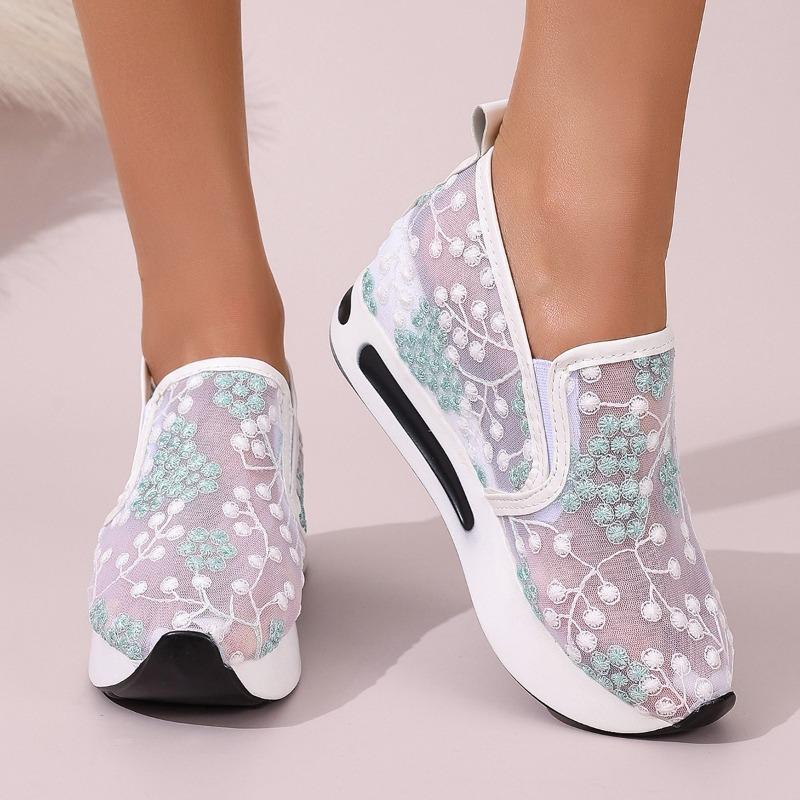 2025 New Women's Sneakers Floral Embroidery Mesh Sneakers for Women Slip On Casual Comfy Heeled Shoes Woman