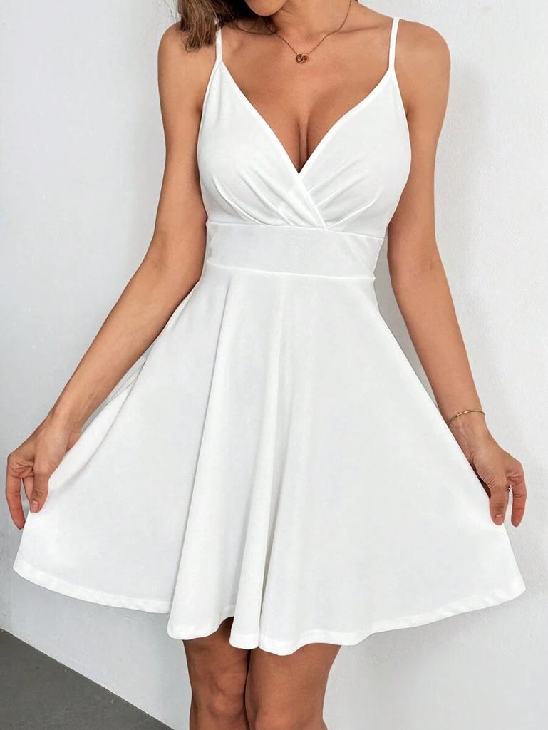 women's solid adjustable spaghetti wrap v neck high waist flowy mini sundress summer party skater gown